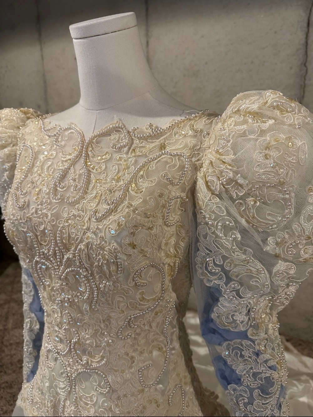 Vintage 90s Demetrios Wedding Dress | Beaded Lace Puff Sleeve Bridal Gown - Picture 2 of 8